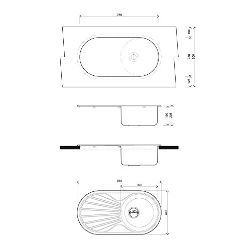 Einbauspüle Sossai SEBA-O840 inkl. Siphon und Montage Zubehör | Form: Oval, 1-Becken, 1 Ablage | Maße: 840 x 440 mm, Tiefe: 180 mm | Material: Edelstahl - 2