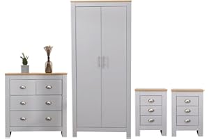 Kingwudo® Grey Bedroom Furniture 4 Piece Set (3 Drawers Bedside Table x2 and 2+2 Drawers Chest and 2 Door Wardrobe) Modern Storage Wardrobe and Chest of Drawers Set