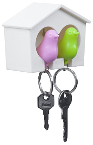 VENKON – Schlüsselkasten mit 2 Schlüsselanhängern: Vögel in grün und rosa mit Schlüsselringen im Vogelhäuschen – weiß - 7
