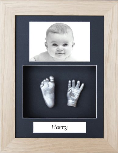 New Baby Handprint Footprint Casting Kit Solid Oak Photo Display Frame / Black 3 hole Portrait mount / Metallic Silver Paint by BabyRice