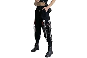 ORANDESIGNE Femme Pantalon Casual Cargo Pantalon Gothique Pantalon Punk Pantalon Danse Bas de Survêtement Hip Hop Noir Pantalon de Sport Multi-Poches Streetwear