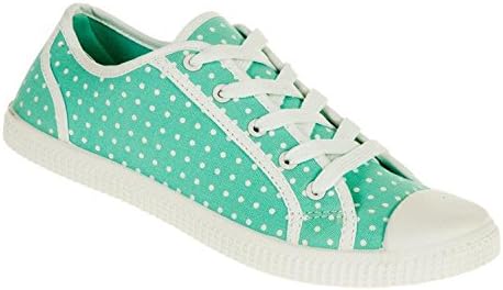 Womens Flat Plimsoles Casual Floral Lace Up Canvas Ladies Shoes Pumps Trainers (UK7, Green Dots)