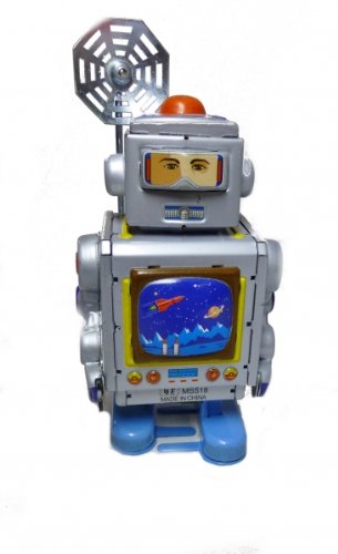 Preisvergleich Produktbild Roboter mit TV und Antenne Blechroboter silber Blechspielzeug