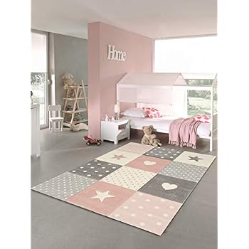 Nazar Tapis Enfant Couleur Pastel à Motifs Coeur Et étoile Couleur Rose Gris Et Crème 160 X 230 Cm