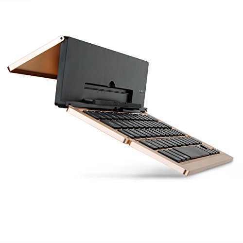Faltbar Bluetooth Tastatur, iEGrow F18 Universal Tragbar Bluetooth 3.0 Kabellose Tastatur mit Ständerhalter für Apple iPad iPhone 7 Plus IOS, Andriod Windows Smartphone Tabletten Gold [QWERTZ deutsches Tastaturlayout]