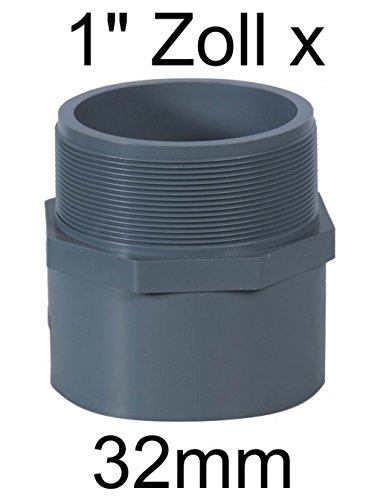 PVC Rohr 32 sowie Rohrverbinder Winkel Kniestück Muffen T-Stück Kappen (Adapter Ø32mm x 1Zoll Außeng.)
