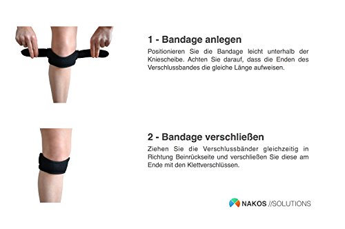 NAKOS Sports – Medizinische Patella Knie Bandage – Kniegurt, Jumper. Hilft bei Läuferknie, Patellaspitzensyndrom, Morbus Schlatter, Schmerzlinderung Patellasehne – Größe Universalgröße – Unisex, Damen, Herren – Farbe Schwarz - 6