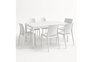 Tomaino - Tavolo da Giardino con Sedie per Esterno - Set Lion King composto da Tavolo King con 6 Sedie Volga Impilabili - Balcone, Veranda (Bianco)