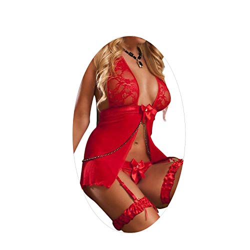 EVBEA Lingerie Femme Sexy Erotique Tentation sous-vêtements Dentelle Front Ouvert Nuisette Babydolls Papillon en Dentelle Perspective la Ensembles vêtements(Rouge,L)