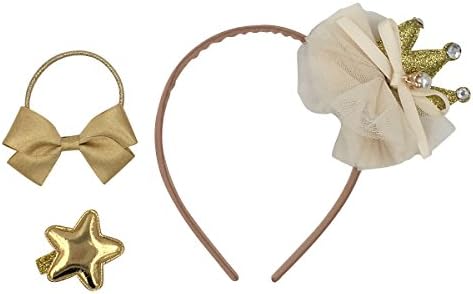 PeiLan 3 in 1 Premium Baby Girl Hair Band Headband Rubber Band Hair Clip Set with Gift Box - Golden Crown Bow Little Star