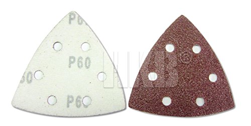 120 Stück HKB ® Schleifdreiecke, 93x93x93mm mit Klett-Verbindung, 6-Loch für Delta-Schleifer, je 24 Stück Korn 40,60,80,120,180, Schleifmittel Korund, Hochwerige Profi-Qualität für verschiedene Oberflächen, feiner und riefenfreier Schliff, für detailgenaues Schleifen in Ecken und an Kanten, universell einsetzbar, Artikel-Nr. 20271 - 3