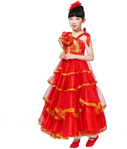 Wgwioo Children Girl Flamenco Dress Show Clothing Spanish Skirt Modern Dance Bullfighting 180 360 540 720 Degrees Performance Big Swing Chorus Red, 720 Degrees Skirt, 150Cm