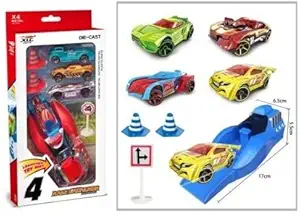 PLUSPOINT Die Cast Toy Cars With Launcher for 2 3 4 5 Year Old Boys,4 Cars for Kids Aged 4-8,Kids Car Launcher Toys ,Preschool STEM Educational Toys,and Birthday Toy Gift for Boys Girls Aged 1-3 (4 Car Launcher)