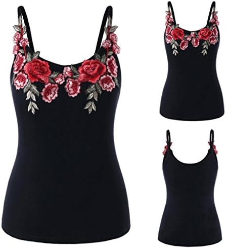 HUHU833 Plus Size Fashion Womens Rose Embroidery Floral Appliques Sleeveless Tank Tops Shirt Blouse Camisole