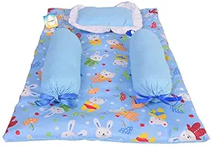 Bantoo New Born Baby Bedding Gaddi Set with Neck Pillow & Side Bolster Cotton Printed Sleeping Mattresses Set for Baby Boy's & Baby Girl's (0-6 Months Blue)