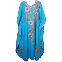 Womens Kaftan Dress Blue Cotton Floral Embellished Resortwear Caftan 3XL