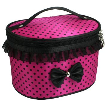 Lady Fuchsia Polryster Dots Print Zipper Cosmetic Makeup Handbag