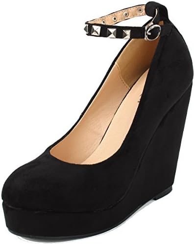 AgeeMi Shoes Women Round Toe High Wedges Heel Ankle Strap Pumps With Buckle,EuD25 Black 36