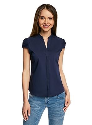 oodji Ultra Femme Chemise en Coton Manche Courte, Bleu, FR 36 / XS