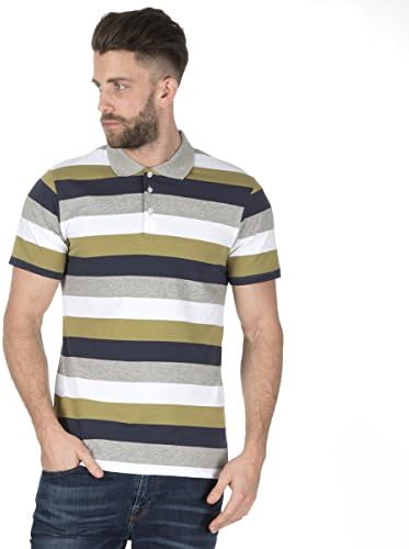 Metzuyan Mens Striped T-Shirt Tee Shirts Short Sleeve Polo Cotton Rich Buttons Stripes Golf Rugby Style Grey Khaki Black Orange