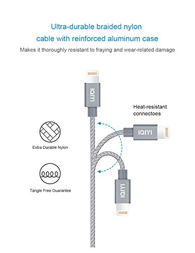 IQIYI 0.15m iPhone Lightning Kabel Nylon USB Ladekabel,[Apple MFi Zertifiziert] Lightning Kabel / iPhone Ladekabel / iPhone 6 Ladekabel / Apple Datenkabel für iPhone 7 / 7 Plus / 6s / 6s Plus / 6 / 6 Plus / 5C / 5S / 5 / SE, iPad Mini, Air , iPad Pro ,iPod Touch- Space Grau - 3