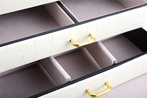 DCCN Schmuckkasten Elegant PU Leder Schmuckkoffer Schmuckschatulle Kosmetikkoffer mit 2 Schubladen Spiegel – Weiß - 6