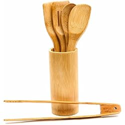 5 Ustensiles de Cuisine en Bambou avec Support de Rangement (1 Cuillère, 2 Spatules, 1 Écumoire et 1 Pince)