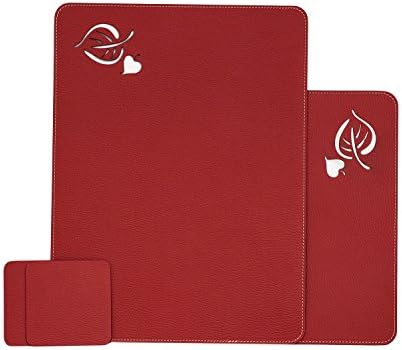 Nikalaz Placemats and coasters Set of 2, Recycled leather placemats, Laser cut leafs, Table mats, Dining table placemats 40 * 30 cm and coasters 10 * 10 cm (Red)