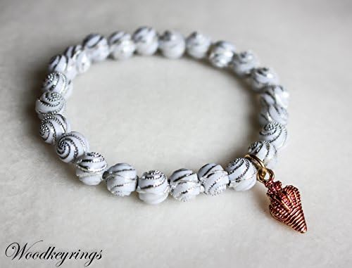 Handmade White Diamonds Spiral Pattern Round Beads Bracelet with Pink Sea Conch Shell Pendant with Gift Box