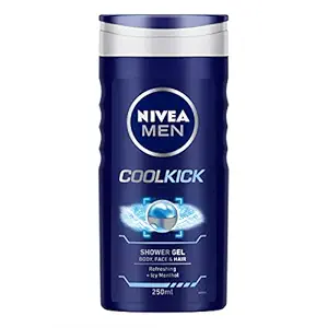 NIVEA Men Body Wash, Cool Kick with Refreshing Icy Menthol, Shower Gel for Body, Face & Hair, 250 ml