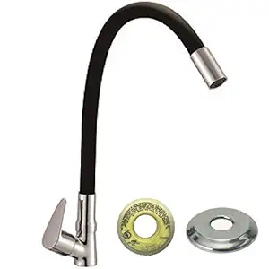 Jagger Fusion Handle Brass Black Color Table Top Flexible Swan Neck tap for Wash Basin, Black Flexible Kitchen Basin tap with 360 Degree Rotating Spout Chrome Finish (with Teflon Tape and Flange)