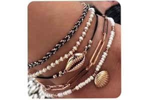 Anglacesmade Bohemia Shell Charm Pendant Anklet Set 5Pcs Black Leather Chain Braided String Pearl Beaded Ankle Bracelet Boho Beach Accessory for Women