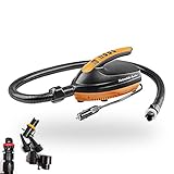 [MANGUERA REFORZADA DE 3.6 pies]: que es el tamaño práctico perfecto para bombear SUPs y tablas de paletas. El conector de la manguera de aire principal de giro de 360 ??grados también proporciona posiciones de bombeo flexibles. El adaptador de estilo a rosca proporciona una perfecta hermeticidad. Este diseño evitará problemas de mangueras de aire con fugas de mala calidad. Una manguera de aire fuerte facilitará mucho el bombeo y ayudará a que esta bomba de aire eléctrica dure muchos años.