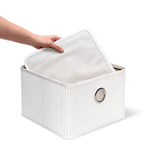 Relaxdays Aufbewahrungskorb Bambus H x B x T: ca. 20 x 31 x 31 cm Regalkorb für Regal und Schrank mit abnehmbarem Stoffbezug als dekorative Aufbewahrungsbox mit Griff und Stauraum zum Falten, weiß - 4