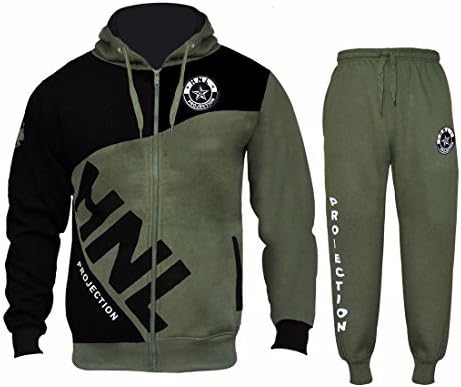 FASHIONCHIC HNL projection New Mens Contrast Panel Pocket Tracksuit Joggers Sweatshirt Hoddie Zip Up Top Jog Pants Cuffed Trouser Bottoms Sports Pants S,M,L,XL (Olive Khaki, XL)
