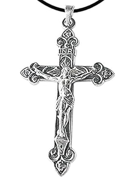 CLEVER SCHMUCK Silberner Anhänger großes INRI Kreuz 42 x 22 mm mit Jesus antiker Stil glänzend und teil matt geschwärzt...