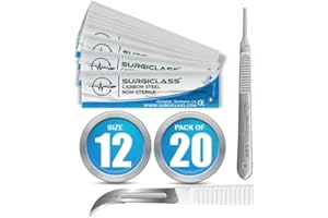SURGICLASS Skalpellklingen Figur 12 aus Karbonstahl 20 Stück unsteril + Skalpell-Halter - Edelstahl Perfekt für Holzkunst, Chirurgie, Bildhauerei, Laboranatomie, Kartenherstellung, Labortraining SURGIBL12-20