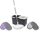 Balai + Seau Easy Clean Serpillère 360°Rotation Turbo - Set Complet - avec Accessoires supplementaires (Patins menages ET/OU lingettes Microfibres) (Gris)