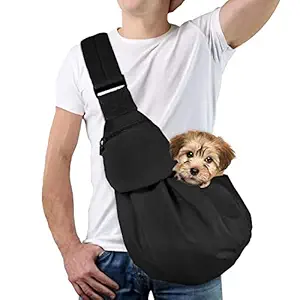 Lukovee Pet Sling, Hand Free Dog Sling Carrier Adjustable Padded Strap Tote Bag Breathable Cotton Shoulder Bag Front Pocket Safety Belt Carrying Small Dog Cat Puppy Machine Washable Black