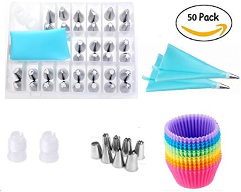 Cake Piping Set, Fentace 50 Pieces Cake Decorating Set: 36 Stainless Steel Piping, 2 Reusable Piping Bags, 2 Couplers and 10 Silicone Cupcake Moulds with Storage Box