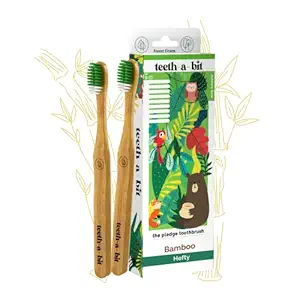 teeth-a-bit The Pledge Bamboo Toothbrush Kids (9-12 Years) Hefty Handle with Gum Sensitive Soft Bristles Pack of 2 (Forest Green)