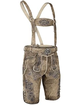 Herren Almsach Kurze Herren Lederhose mit Gürtel und Träger mit blauer Stickerei, MEISS-GF180 (braun),