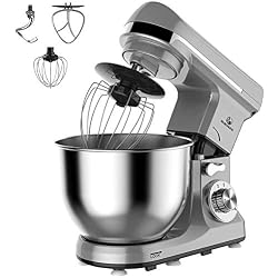 MURENKING MK37C Robot Pâtissier, 1000W 5L Bol Mélangeur Inox 6 Vitesses Robot de Cuisine Avec 4 Accessoires (Gris)
