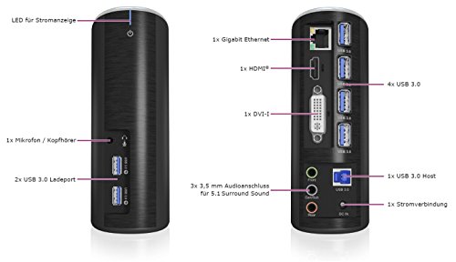 Icy Box IB-DK2651AC USB 3.0 Multimedia-Dockingstation für Notebook/PC (6x USB 3.0, HDMI & DVI-I, Gbit LAN, 5.1 Surround, 3,5 mm In/Out) schwarz - 3
