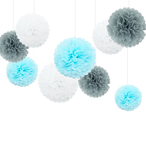 Feelshion 9er Seidenpapier Pompoms für Geburtstagsparty Babyshower Babyparty kommunion als Deko Weiß Grau Hellblau (ø35cm & ø25cm) - 5