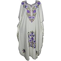 Mogul Interior Ladies Ivory Rain Kaftan Floral Embroidered Mummu Caftan Maxi Long Dress One Size