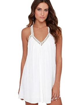 Sannysis Damen Chiffonkleid V-Ausschnitt Spitzenkleid Ärmellos Strandkleid Minikleid (XL, Weiß)