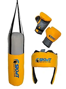 SKMT NEVER LOSE UNTIL YOU WIN - Kids Boxing kit Yellow (Filled Punching Bag, Gloves and Headgear, Age 7-12 Years)
