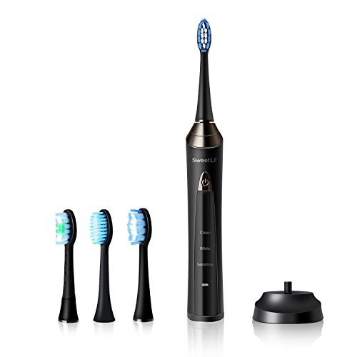 SweetLF Brosse à Dents Electrique Rechargeable Vibrante Sonique IPX7 Etanche Vibration jusqu'a 48000hz avec 3 Modes et Minuteur de 2 Minutes, 4 Têtes de Rechange inclus - Noir