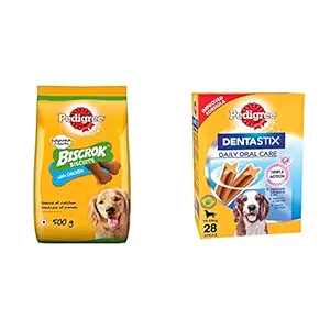 Pedigree Biscrok Biscuits Valentines Gift Dog Treat (Above 4 Months) Chicken Flavour, 500g Pack and Dentastix Medium Breed (10-25 kg) Oral Care Dog Treat (Chew Sticks) (28 Sticks) 720g